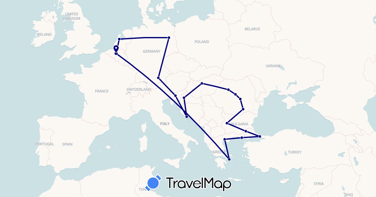 TravelMap itinerary: driving in Belgium, Bulgaria, Germany, Greece, Croatia, Hungary, Netherlands, Romania, Slovenia, Turkey (Asia, Europe)